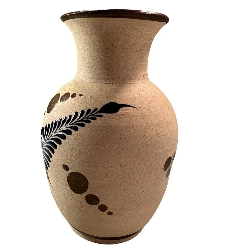 Mexican Folk Art Floral Vase Bird Sandstone Vintage Pottery Handcrafted Painted